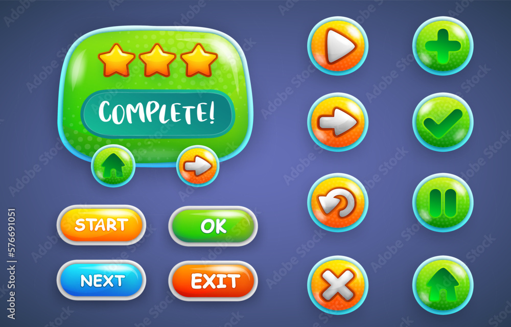 Aufkleber design for complete set of level button game pop-up, icon, window and elements.
