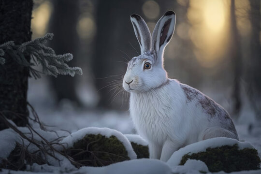 A wild white hare sits in a winter forest. Photorealistic illustration generated by AI.	