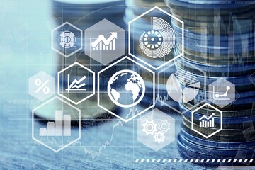 Set of coin and financial graph for economic concept