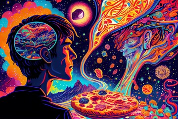 A Man Takes His First Psychedelic Trip To The Center Of The Universe After Consuming Dmt. Amazing Colorful Space. Lsd, Dmt Or Psilocybin Trip . Illustrations. Generative AI
