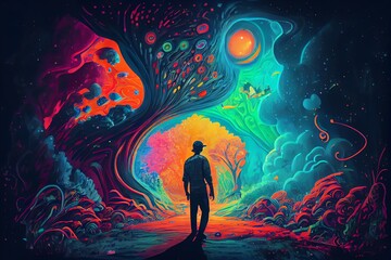 A Man Takes His First Psychedelic Trip To The Center Of The Universe After Consuming Dmt. Amazing Colorful Space. Lsd, Dmt Or Psilocybin Trip . Illustrations. Generative AI
