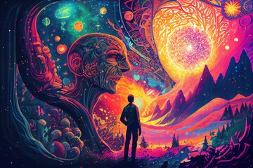 A Man Takes His First Psychedelic Trip To The Center Of The Universe After Consuming Dmt. Amazing Colorful Space. Lsd, Dmt Or Psilocybin Trip . Illustrations. Generative AI - obrazy, fototapety, plakaty