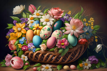 Fototapeta na wymiar Colorful Easter Eggs and Bunnies Perfect for Easter AI Generated