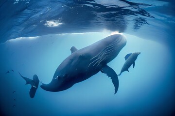 A Whale Diving Into The Depths Of The Ocean With Her Baby. Generative AI