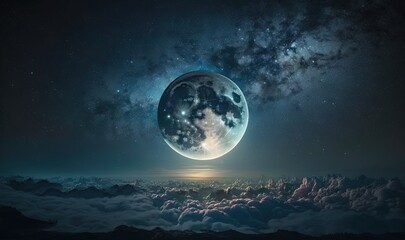  a full moon in the sky with clouds and stars above it.  generative ai