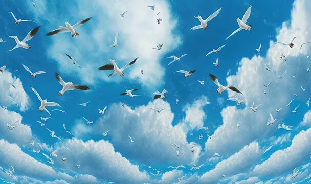  a painting of a flock of birds flying in the sky. generative ai © Anna