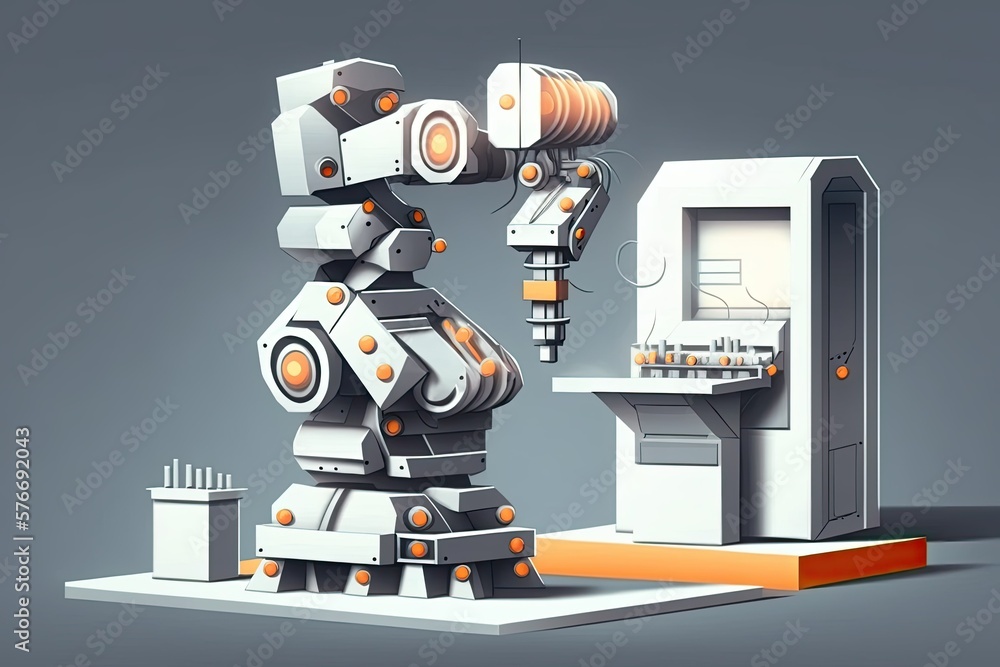 Poster using technology, industry 4.0, and smart robots, a gripping robot works in a smart factory. generat
