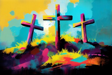 Abstract Art. Colorful Painting Art Of Three Crosses On A Hill. Christian Illustration. Generative AI