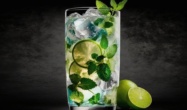  A Tall Glass Filled With Ice And Limes Next To A Slice Of Lime.  Generative Ai