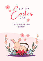 Easter day greetings card, paper flowers, easter eggs and bunny sitting in the basket vector illustration