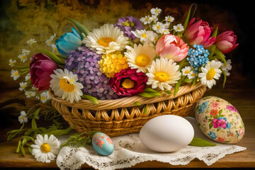 Obraz na płótnie Canvas Easter Bunnies with Colorful Eggs AI-Generated