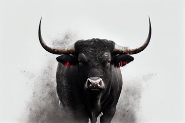 Angry Black Bull On A white Background. Generative AI