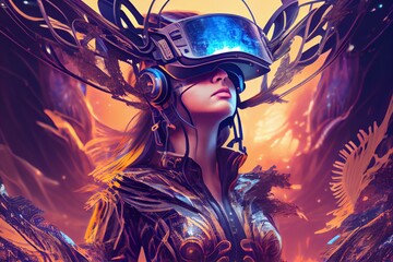 Naklejka premium Beautiful Futuristic Woman Using Virtual Reality Glasses In The Metaverse. Girl With Vr Device And Digital Elements Around Her Head. Generative AI
