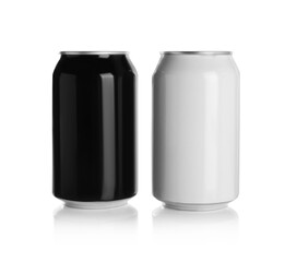 Aluminum cans with drinks on white background