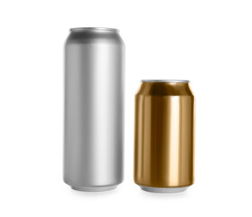 Aluminum cans with drinks on white background