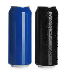 Aluminum cans with drinks on white background