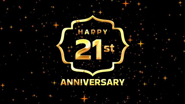 Happy 21st Anniversary animation text in gold color on particles glitter background. Suitables for anniversary greeting card. 4k video.