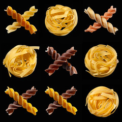 Fusilli and tagliatelle tic-tac-toe, noughts and crosses, corkscrew-shaped pasta, Italian food,...