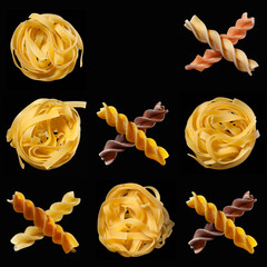 Fusilli and tagliatelle tic-tac-toe, noughts and crosses, corkscrew-shaped pasta, Italian food, isolated on black background, x-shape