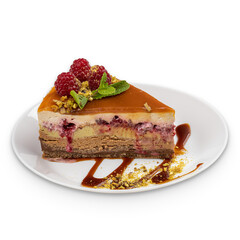 Slice of tricolour chocolate mousse cake