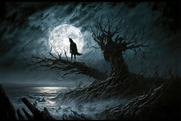 Naklejka na ściany i meble Werewolf person with full moon, dead tree, night, horror. Generative AI