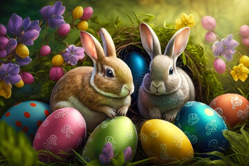 Easter Eggs with Easter Bunnies Colorful Easter Eggs AI-Generated