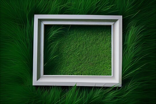 Empty Photo Frame On Green Grass. Generative AI