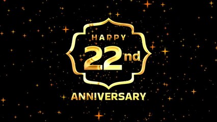 Happy 22nd Anniversary animation text in gold color on particles glitter background. Suitables for anniversary greeting card. 4k video.