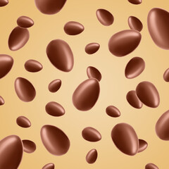 Many chocolate eggs falling on pale light orange background