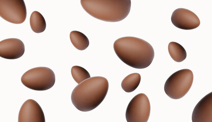 Many chocolate eggs falling on white background
