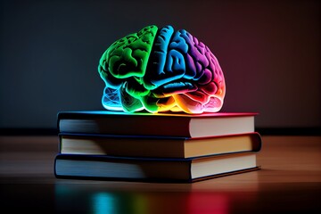 Glowing Colored Brain On A Stack Of Books On A Table In A Library Among The Shelves. The Concept Of Knowledge Of The Teachings Of Sciences. Generative AI
