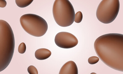 Many chocolate eggs falling on pale light pink background