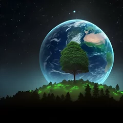 Schapenvacht deken met patroon Volle maan en bomen planet earth in space - environment and planet earth illustration - earth background - Generative AI