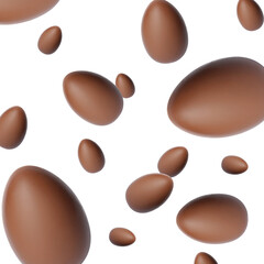 Many chocolate eggs falling on white background