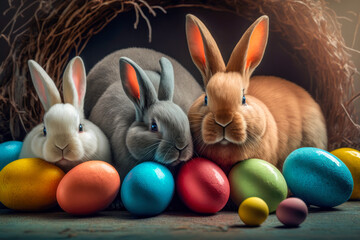 Fototapeta na wymiar Easter Eggs with Easter Bunnies Colorful Easter Eggs AI-Generated