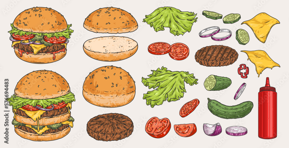 Poster burgers ingredients logotypes set colorful