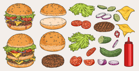 Burgers ingredients logotypes set colorful
