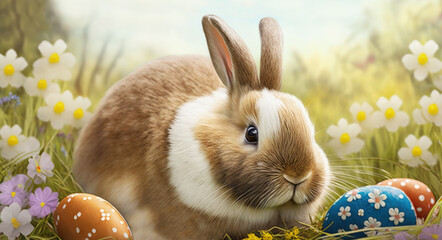Adorable Bunny With Easter Eggs In Flowery Meadow, generative ai.
