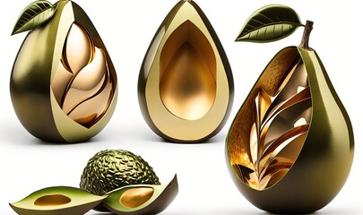  a group of three golden pears with leaves on them.  generative ai
