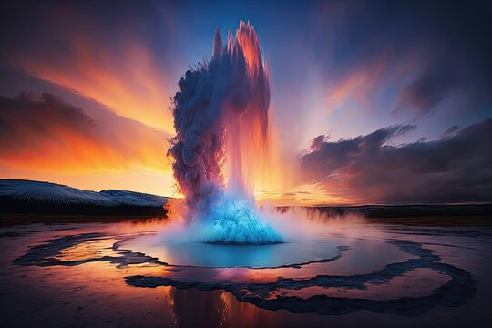 Erupting geyser with pink and orange sky in the background at sunset.  Generative AI. 