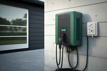Electrical power car charging station on the side of the shiplap wall. Generative AI. 