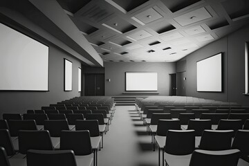 Large monochrome illustration of a conference room with no people in it. Generative AI. 