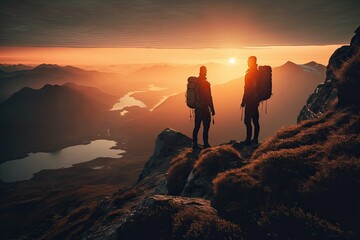 Couple of backpackers up in the mountains watching the sunset and beautiful orange sky. Generative AI. 