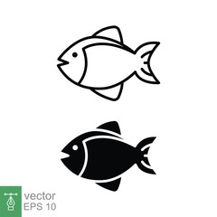 Fish icon set. Simple line and silhouette symbol. Sea life, fresh salmon, tuna, pisces, nature concept for food template design. Vector illustration isolated on white background. EPS 10.