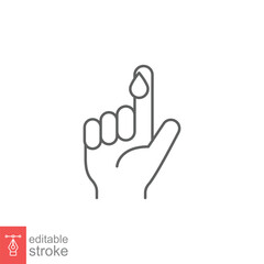 Blood on finger line icon. Vector people hand injured isolated symbol. Glucose, insulin test, diabetes concept. Simple outline style. Sign illustration on white background. Editable stroke EPS 10.