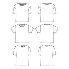 Technical sketch unisex white basic t-shirt design template. Front and back view shirt mock up. vector illustration.