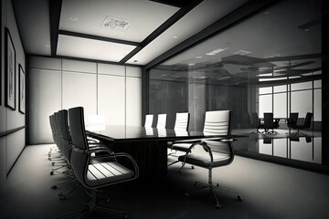 Monochrome 3d render of an empty office meeting room with a conference table and glass walls.Generative AI. 