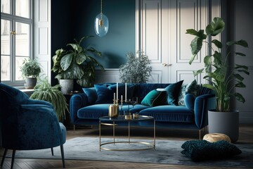 Velvet blue couch and an armchair in a blue themed living room with lots of plants. Generative AI. 