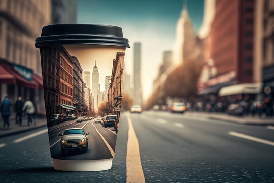 To go paper coffee cup with image of new york streets on it, blurred in the background are the streets of new york.  Generative AI. 