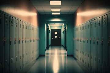 Long school corridor with teal blue lockers and pink on the walls. Generative AI. 